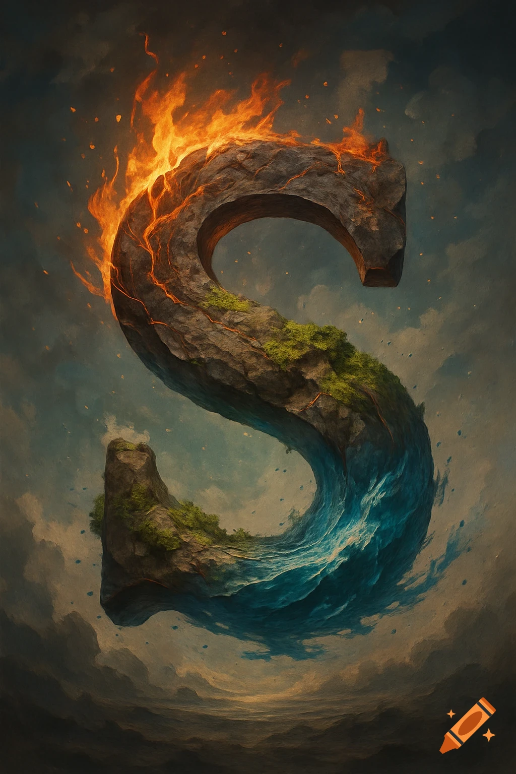 Large letter S made of rock, fire, and water in a fantasy painting.