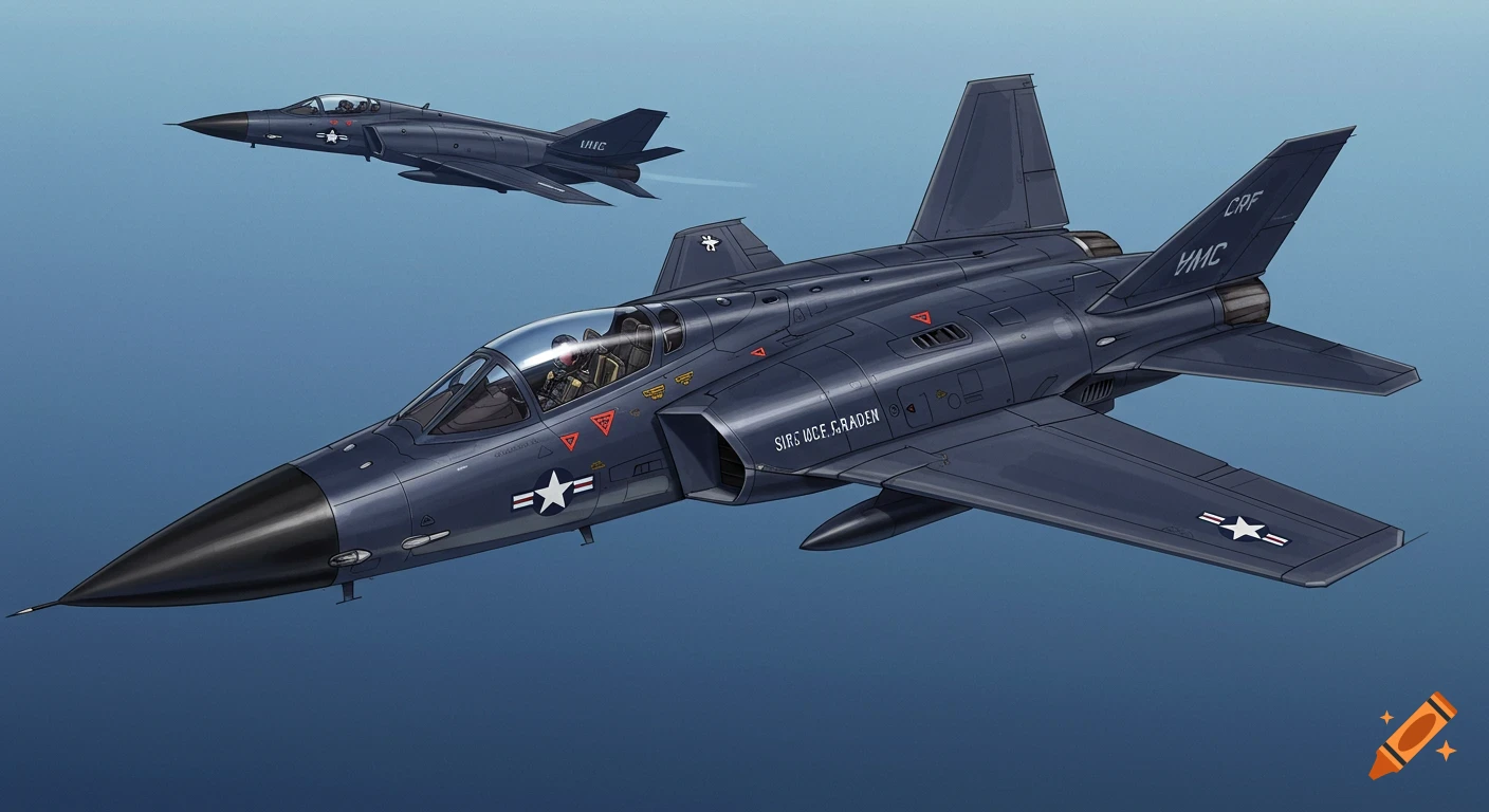 Illustration of two dark fighter jets flying in formation against a blue sky.