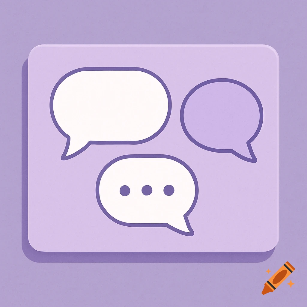 A lilac rounded rectangle with three white and purple speech bubbles outlined in purple.