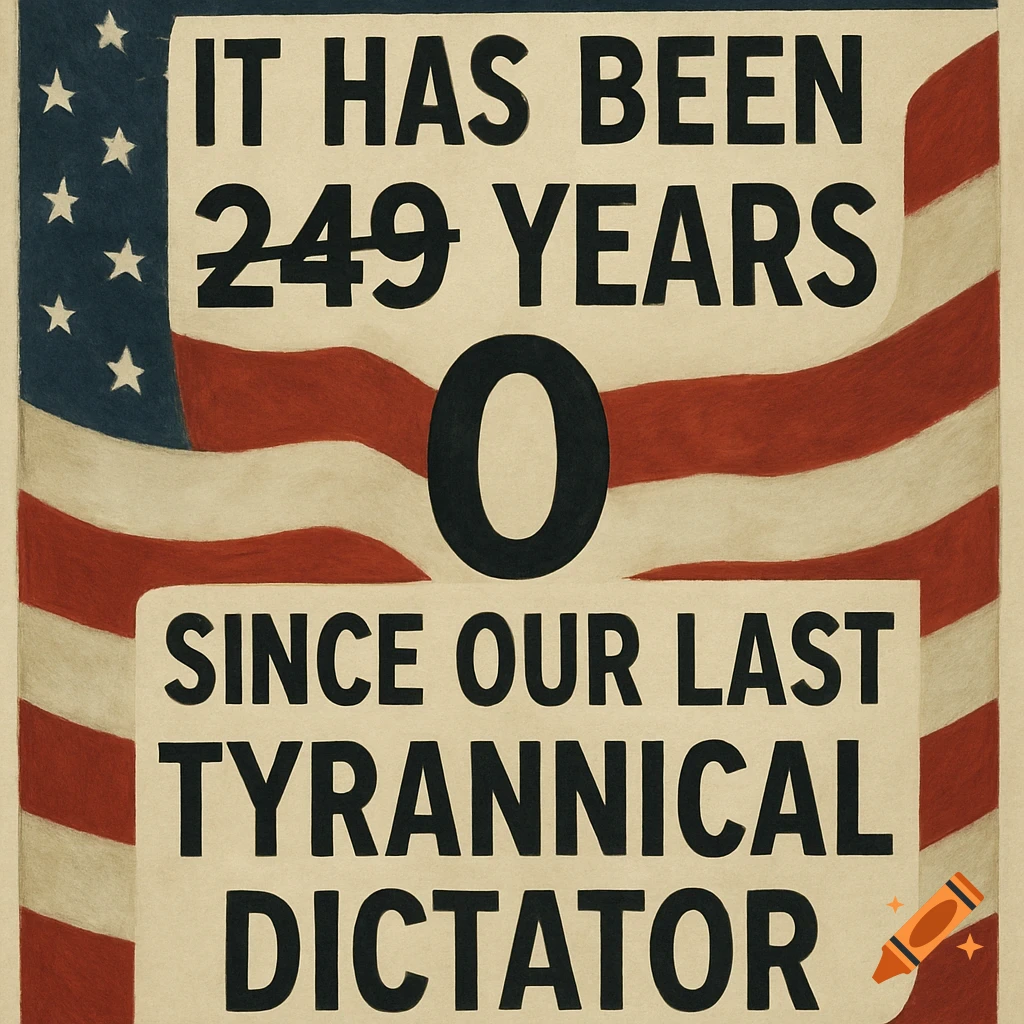Sign with text 'IT HAS BEEN 249 YEARS O SINCE OUR LAST TYRANNICAL DICTATOR' over American flag