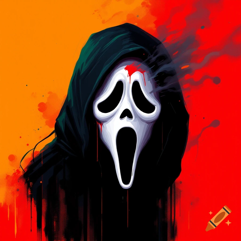 Illustration of the Ghostface mask with red paint splatters on an orange and red background.