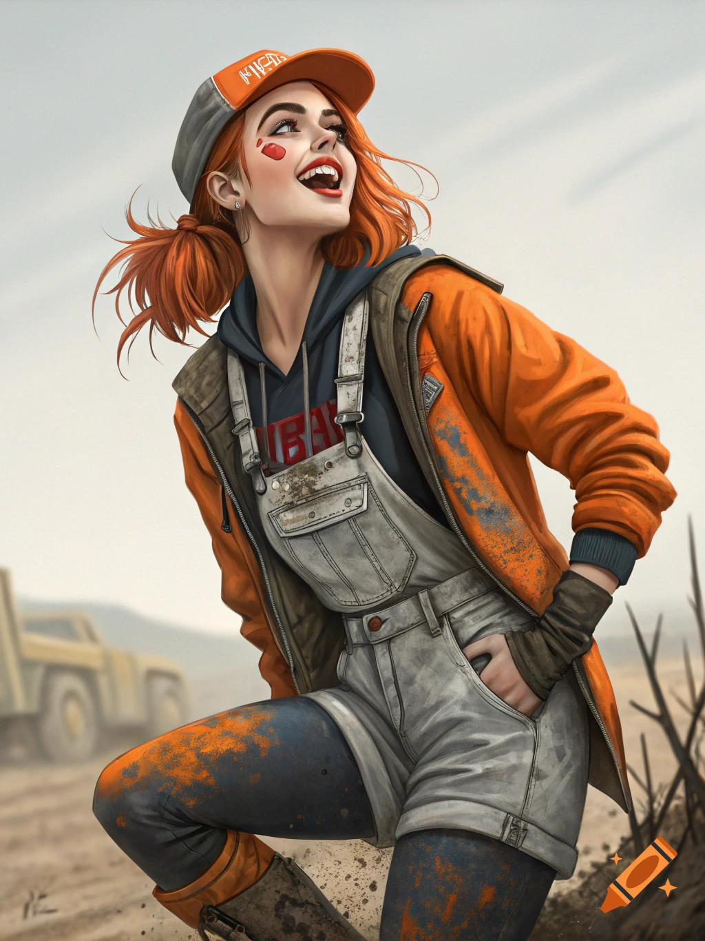 Woman in orange hat, jacket, and dirty overalls looking up outdoors