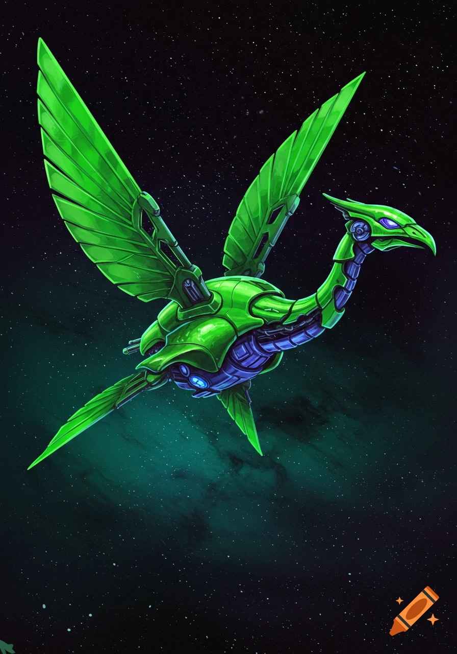 A green mechanical bird with glowing purple eyes flies through space with stars and a greenish nebula.