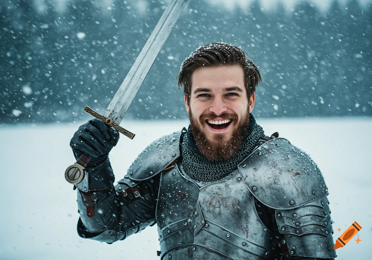 A handsome warrior in armor holds a sword and smiles in a snowy landscape.