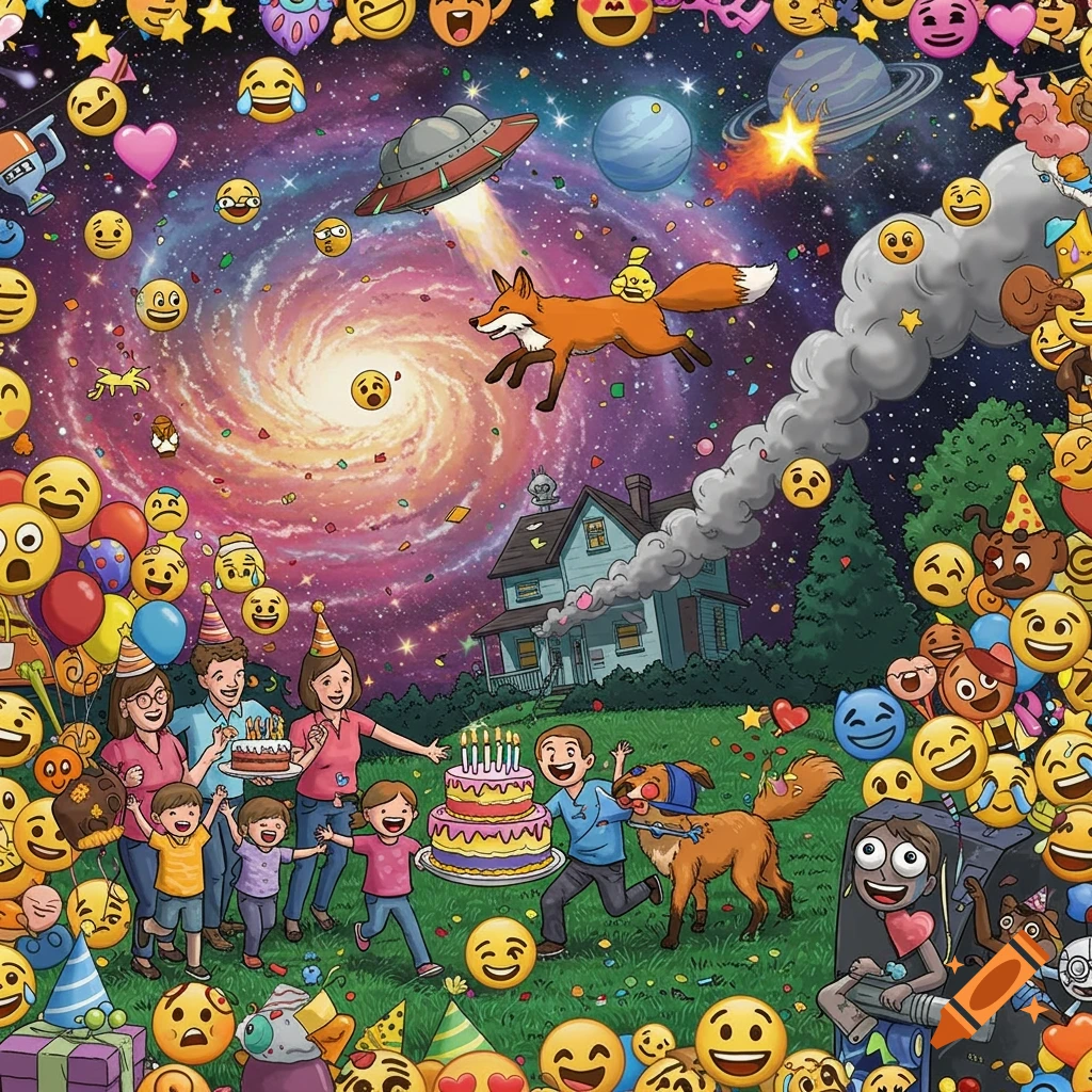 Cartoon illustration of a family birthday party surrounded by emojis, featuring a fox, dog, spaceship, and galaxy.