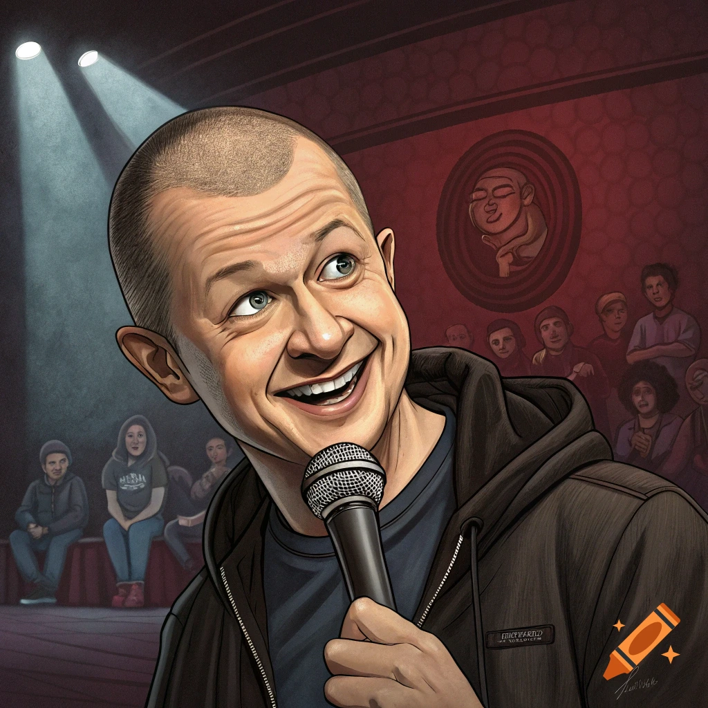 Caricature illustration of a comedian holding a microphone on stage before an audience.