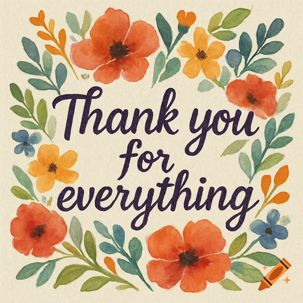 Watercolor floral wreath with text Thank you for everything