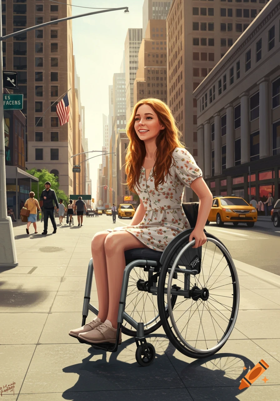 Young woman with red hair in a wheelchair on a sunny city street, detailed illustration style.