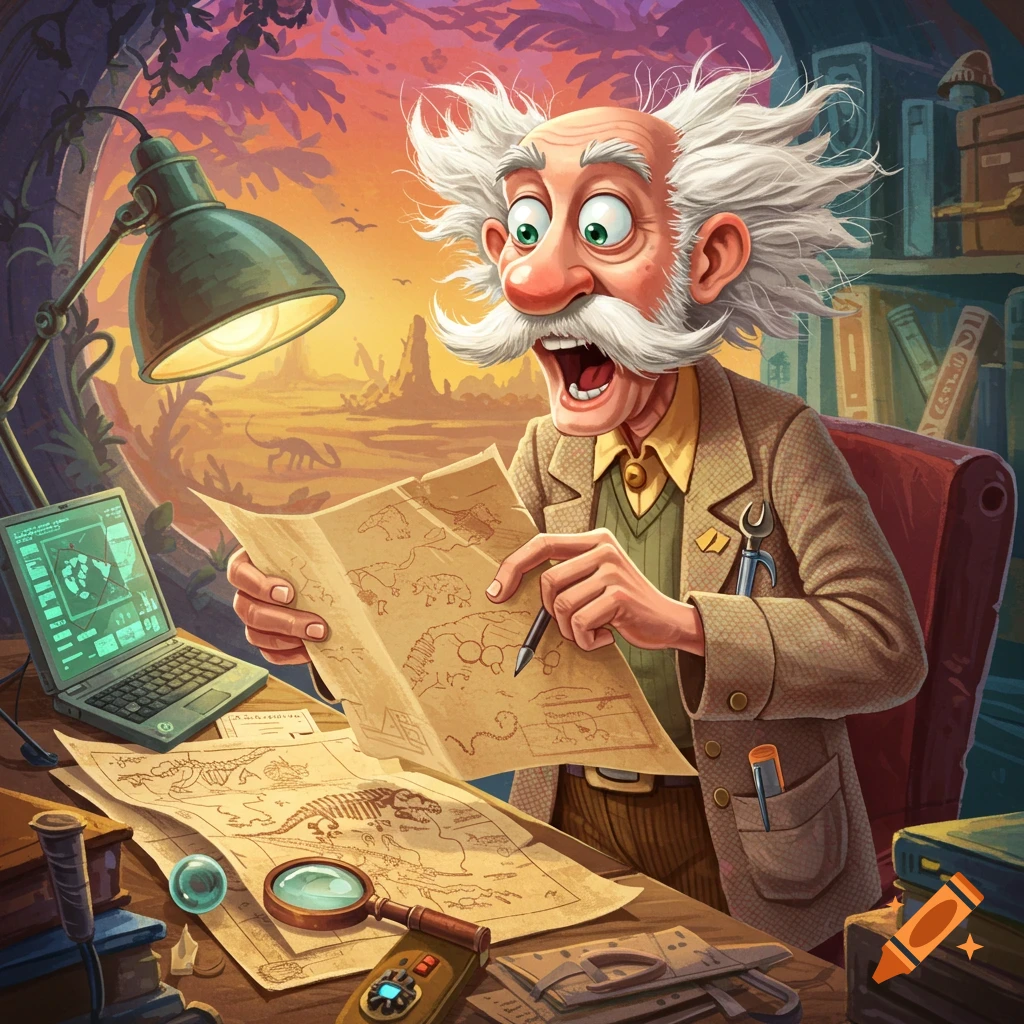 A cartoon paleontologist studies dinosaur maps at a desk with a laptop and magnifying glass.