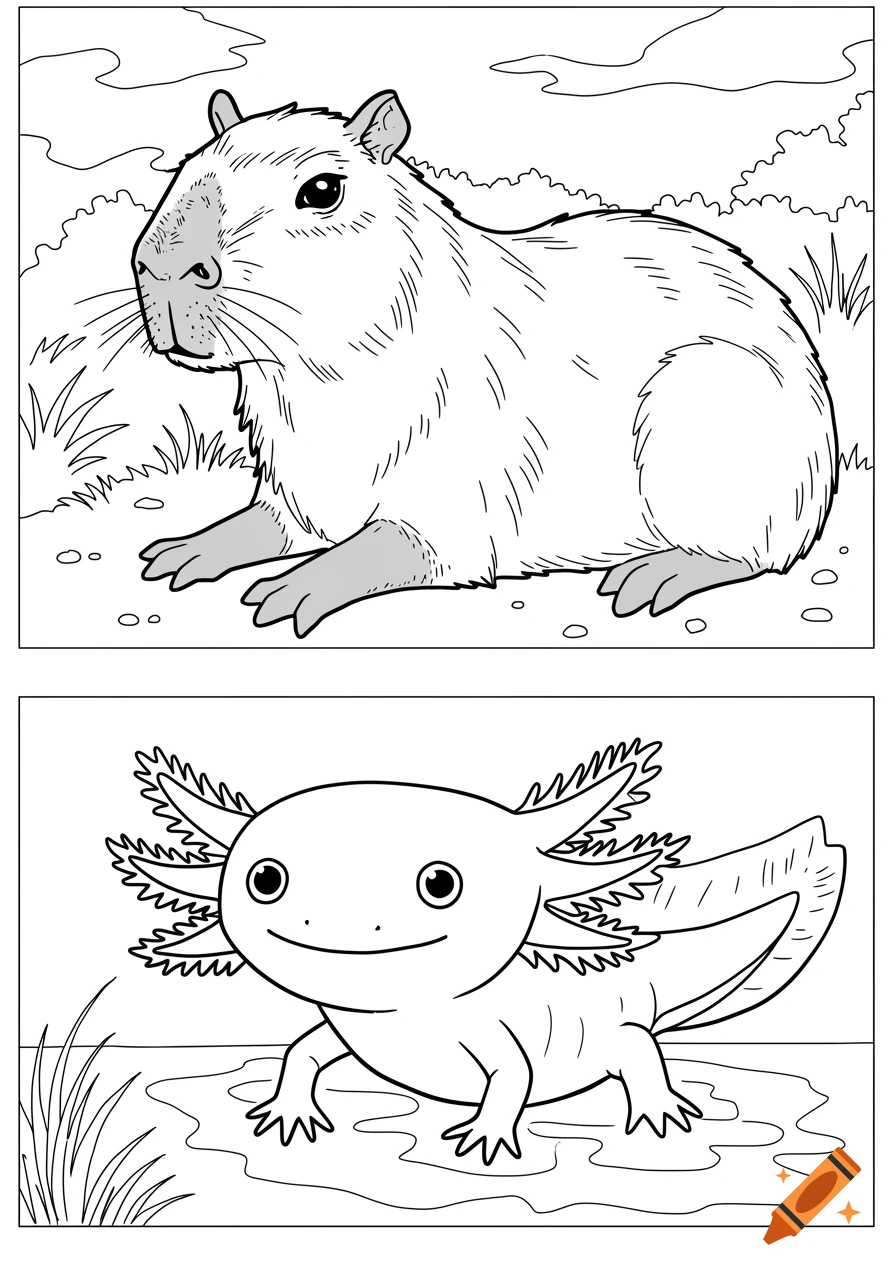 A black and white coloring page with a capybara and an axolotl.