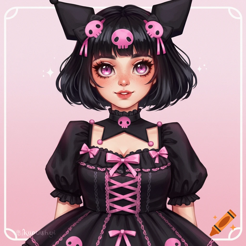 Anime portrait of a girl dressed as Sanrio's Kuromi, with black hair and a black and pink gothic dress with skull details.