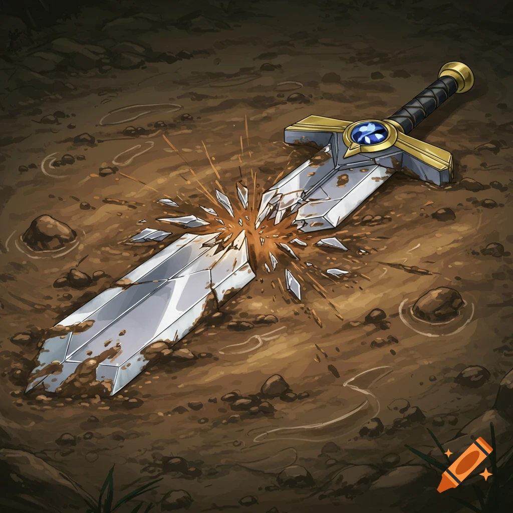 A broken fantasy sword lies partially buried in muddy ground in a Yu-Gi-Oh! card art style.