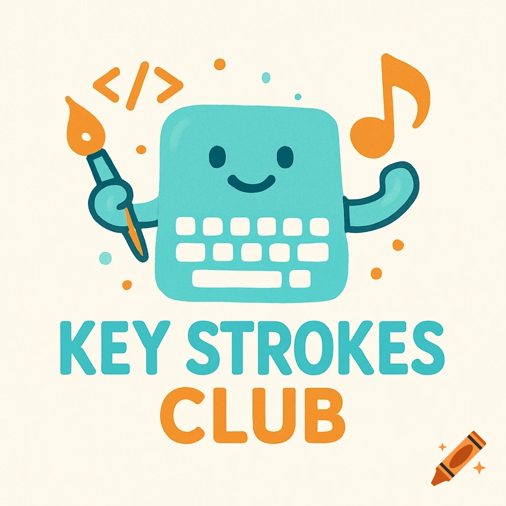 Cartoon logo of a keyboard character holding a paintbrush and music note, with text 'KEY STROKES CLUB'.