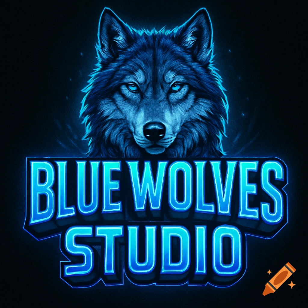 Stylized blue wolf head above blue neon text 'BLUE WOLVES STUDIO'.