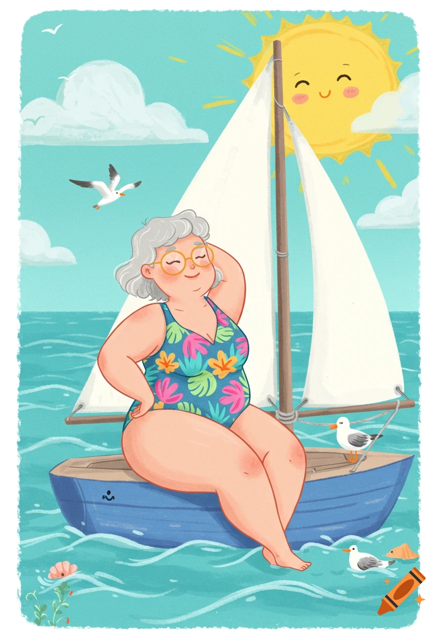 Cartoon illustration of a woman in a swimsuit on a sailboat at sea under a smiling sun.