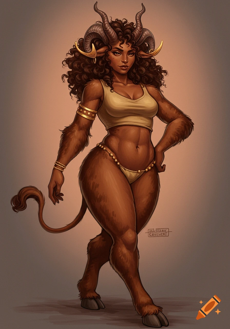 Fantasy illustration of a confident female demicow character