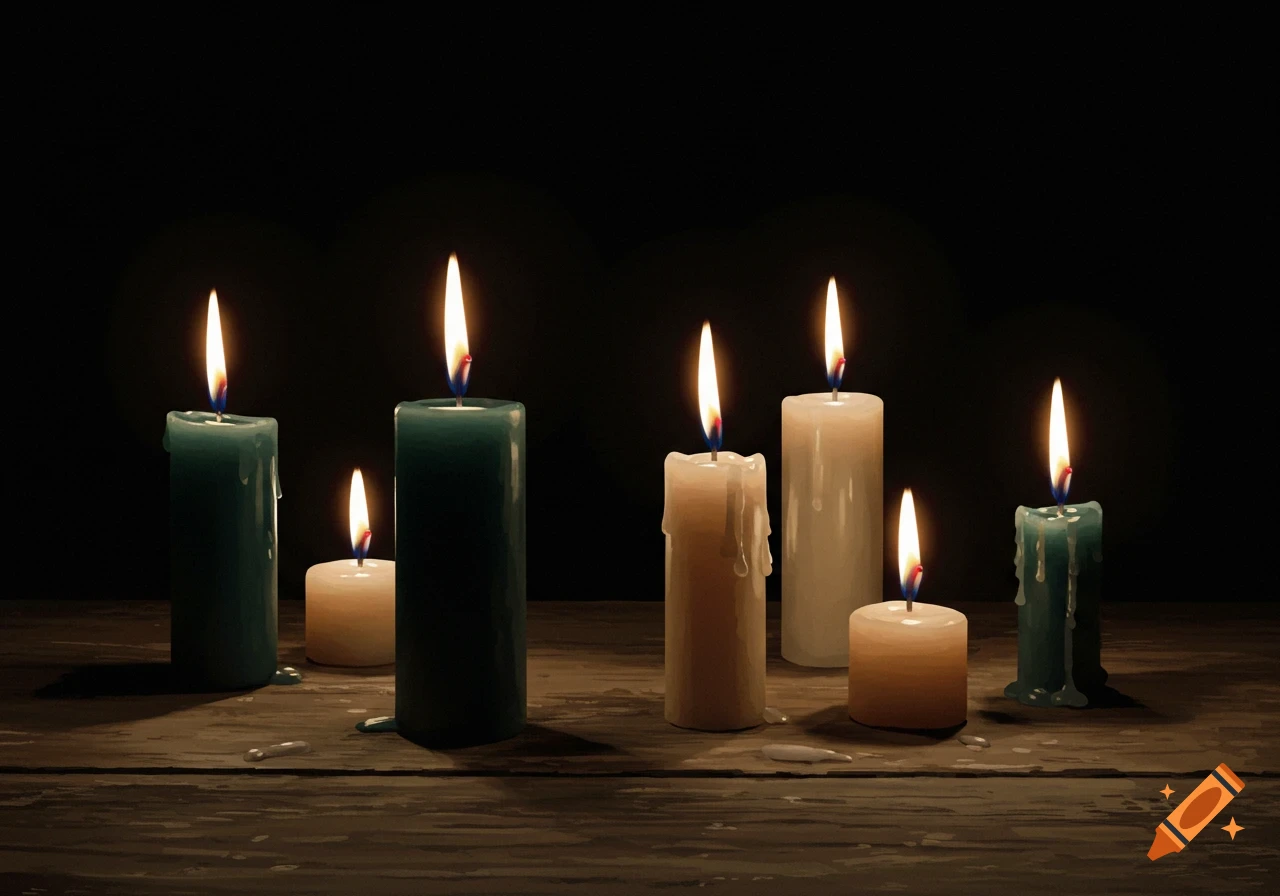 Six lit candles in blue and white stand on a dark wooden surface in the dark.