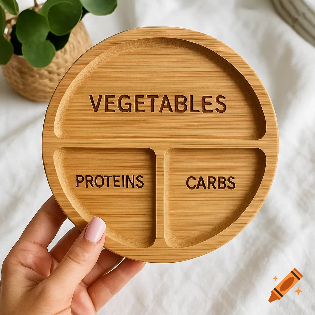 Hand holds a round bamboo portion control plate with sections for vegetables, proteins, and carbs