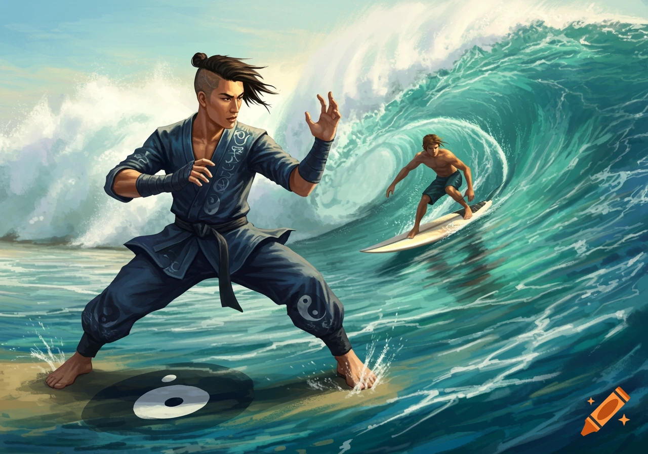 An illustrative painting of a martial artist standing on the shore with a yin yang symbol while a surfer rides a large wave.