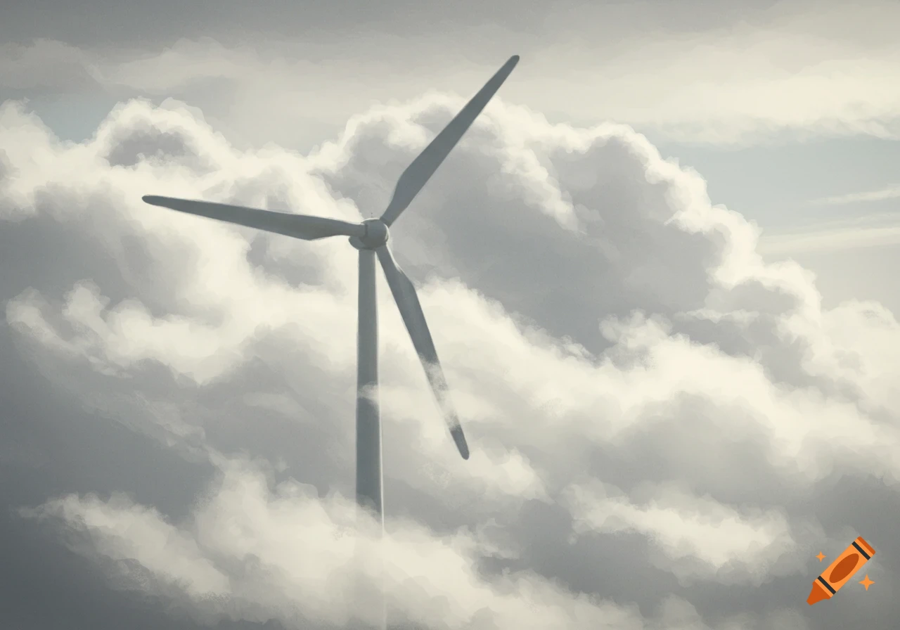 A wind turbine is partially obscured by thick white clouds in a stylized image.