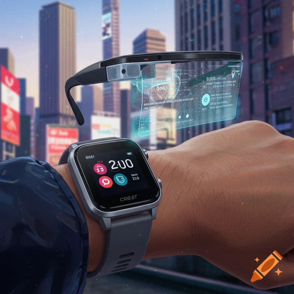 Close-up of a hand wearing a smartwatch and AR glasses displaying holographic data in a futuristic city setting.