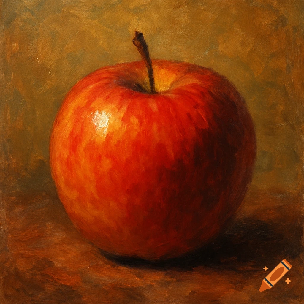 Oil painting of a red apple on a brown background