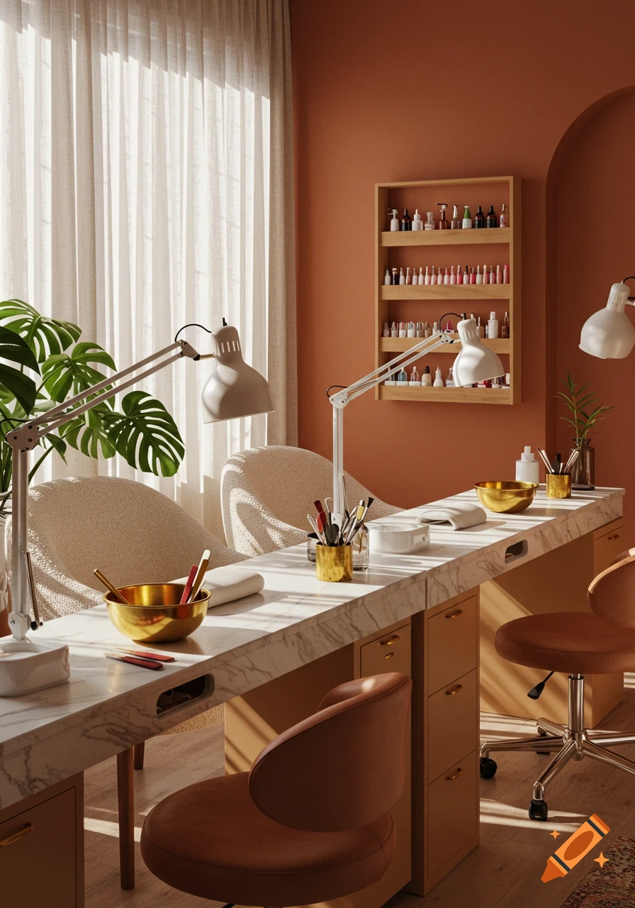 Modern beauty salon interior with marble desks, chairs, and nail polish display, illuminated by bright sunlight.