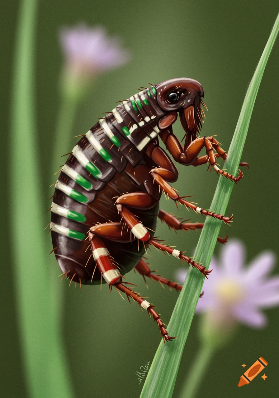 Close-up illustration of a flea with red, white, and green striped legs climbing a blade of grass.
