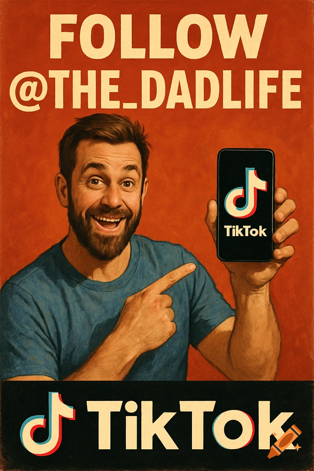 A man pointing at a phone with the TikTok logo, with text 'FOLLOW @THE_DADLIFE TikTok'