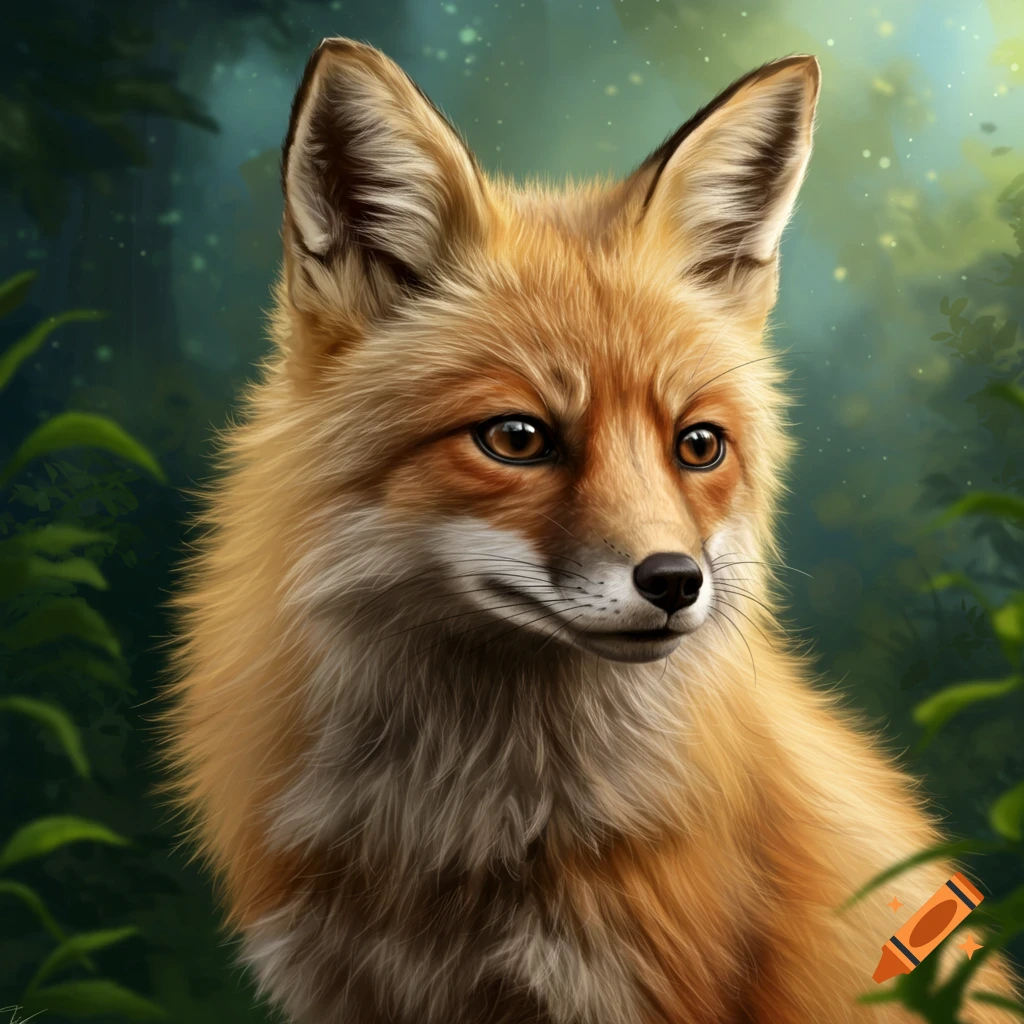 Close-up portrait of a fox in a forest.