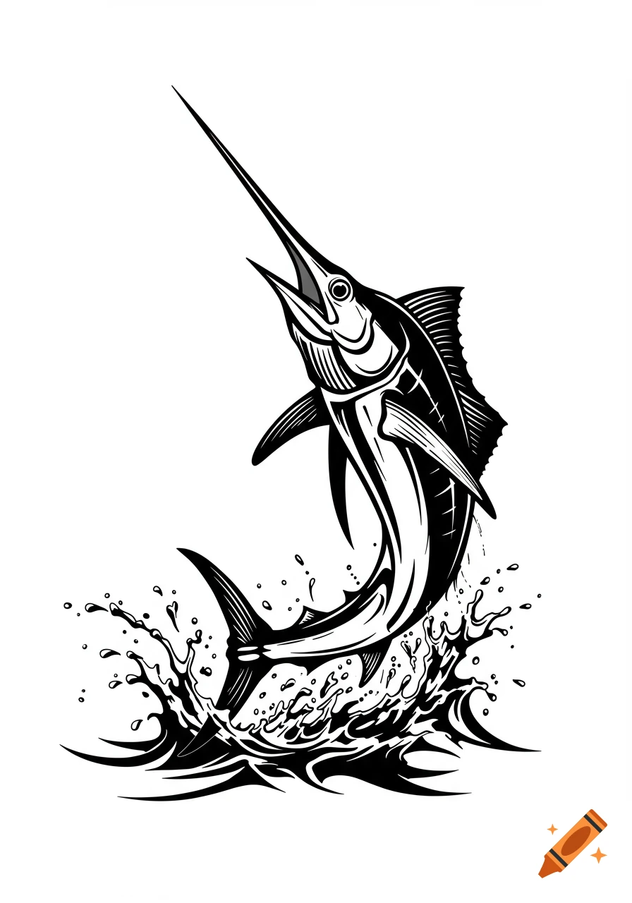 Black and white illustration of a marlin jumping from water with splashes.
