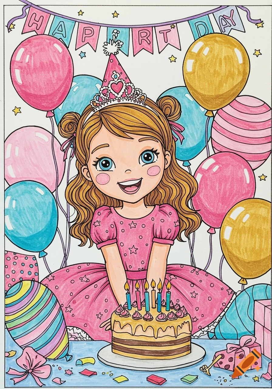 A coloring page illustration of a happy girl with balloons, cake, and a birthday banner saying HAPPY BIRTHDAY.