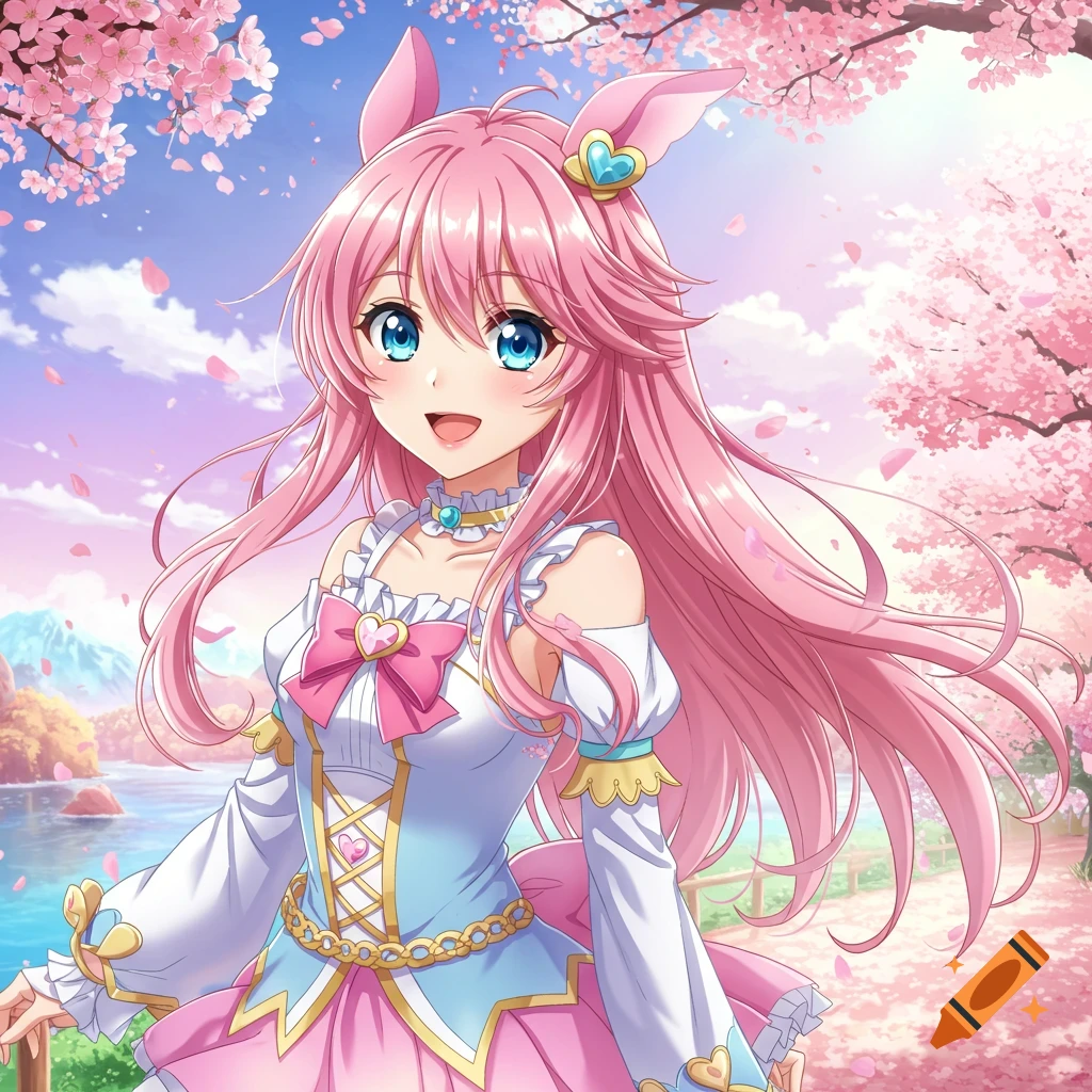 Anime girl with pink hair and bunny ears in a spring landscape with cherry blossoms.