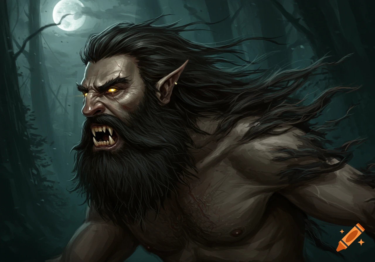 Digital painting of a snarling werewolf with glowing eyes and beard in a forest under a full moon.