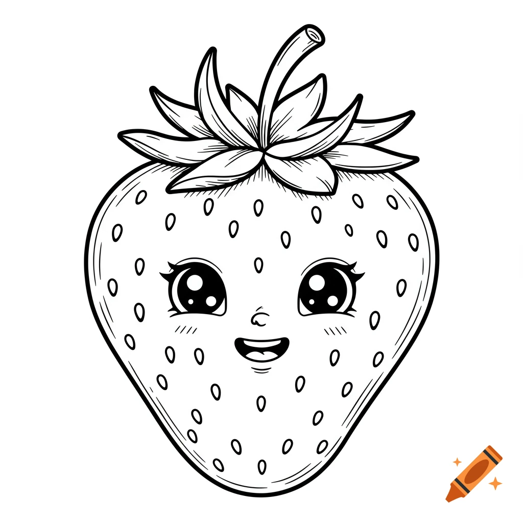 Black line drawing of a cute cartoon strawberry with a face.