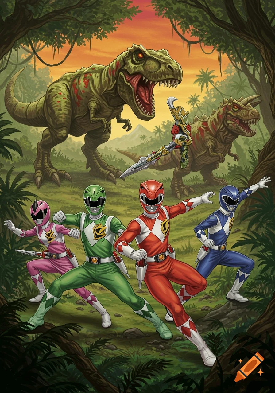 Power Rangers face off against dinosaurs in a lush jungle