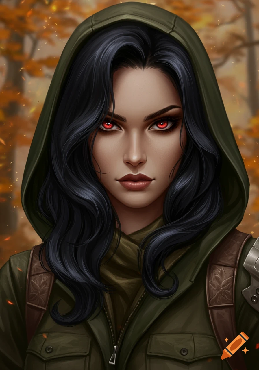 A portrait of a woman with red eyes wearing a green hooded jacket against an autumn forest background.