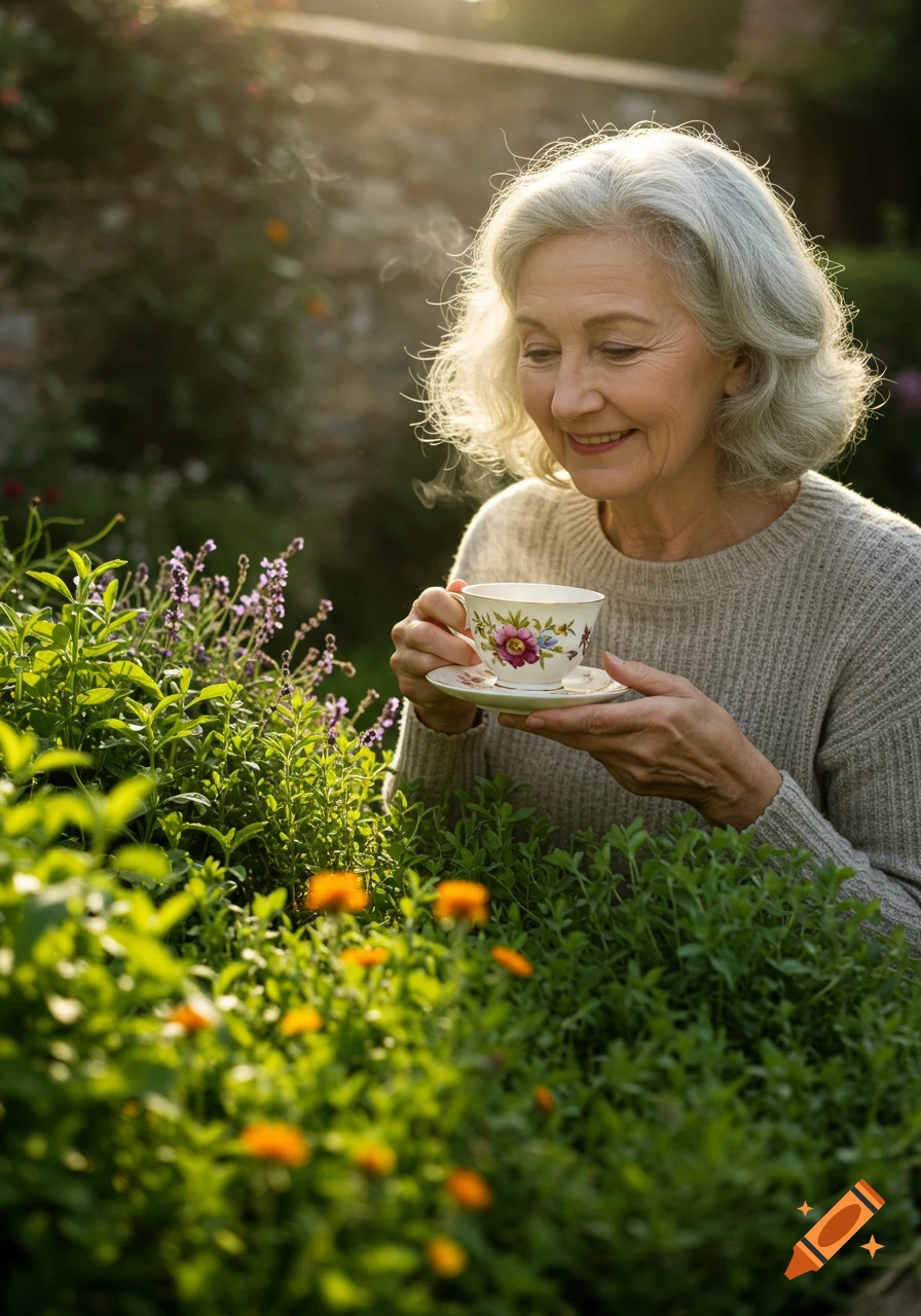 Older woman with a cup of tea in a sunny garden with herb plants.