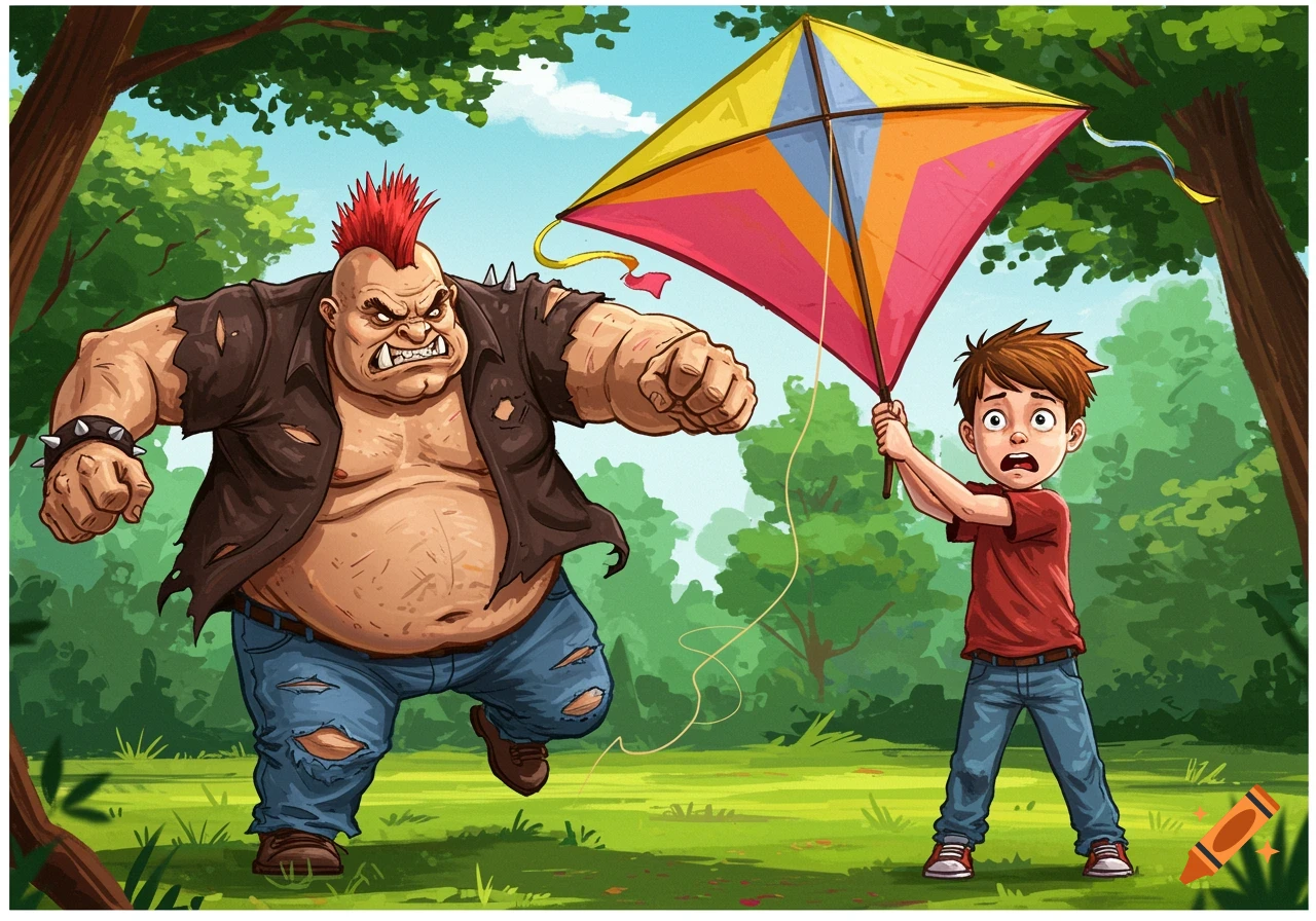 Cartoon illustration of a mean bully with a mohawk chasing a scared boy flying a colorful kite in a park.
