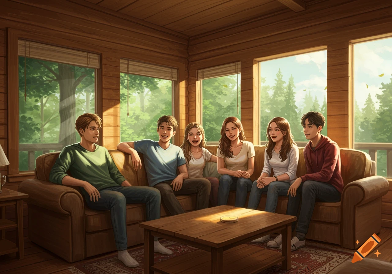 Six friends sit on a couch inside a sunny wooden cabin looking out at a forest, illustration.