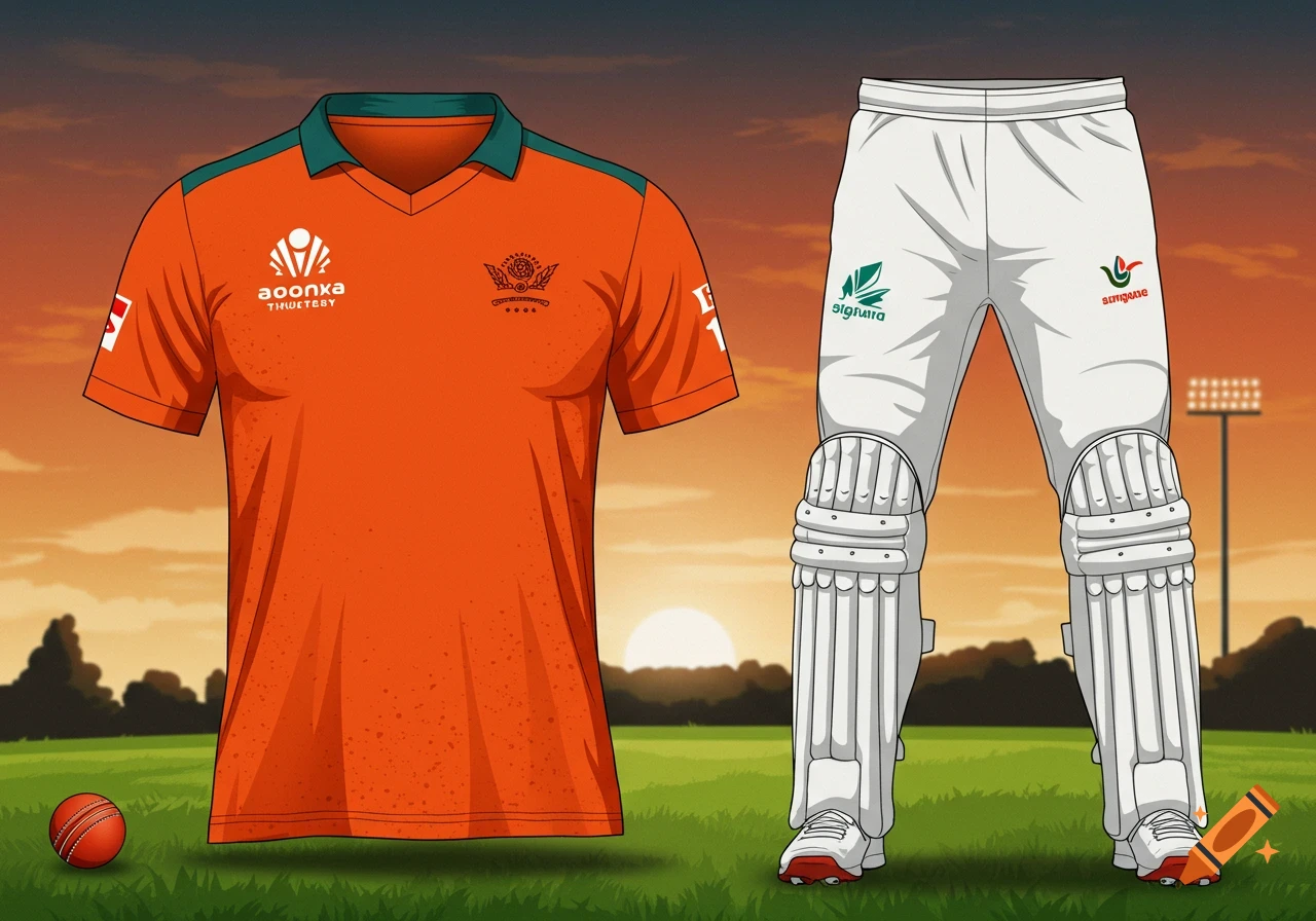 Orange and green cricket uniform and pads with a ball on a field at sunset.