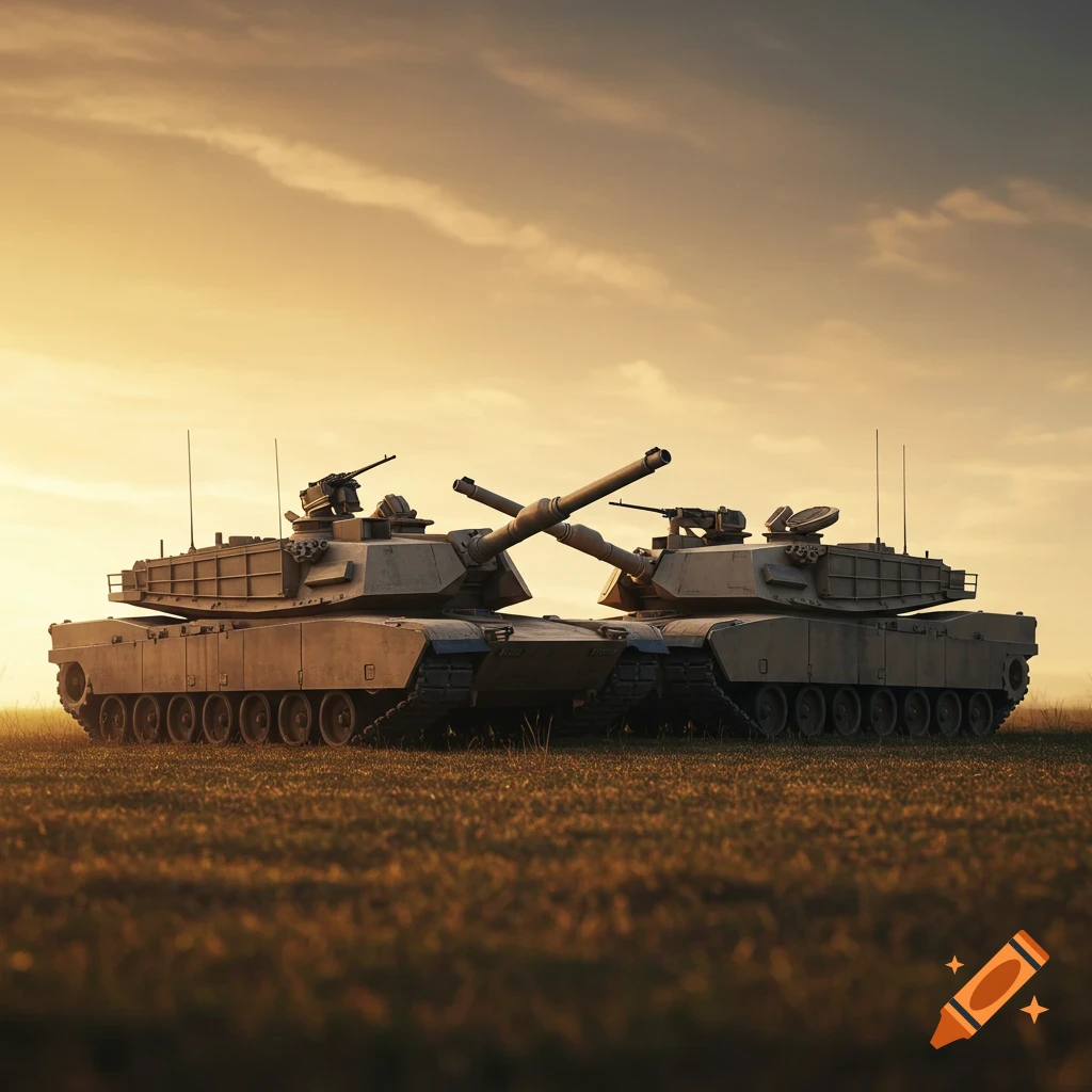 Two military tanks facing each other in a grassy field at sunset.