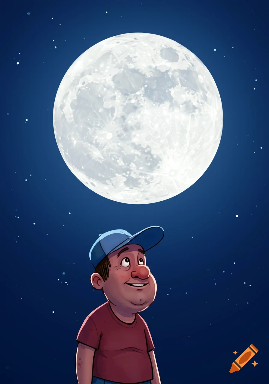 A cartoon man looks up at a large full moon in the night sky.