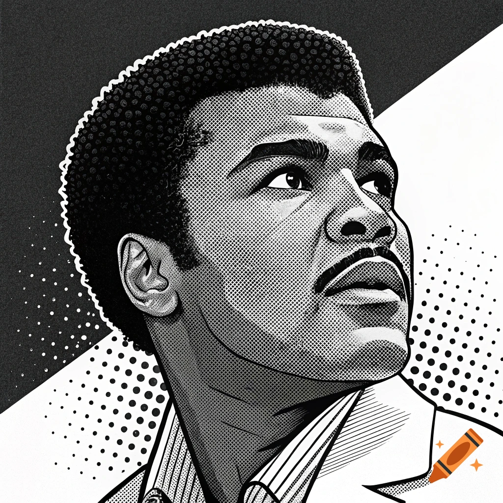 A black and white pop art portrait of a man with an afro and mustache looking up and to the right.