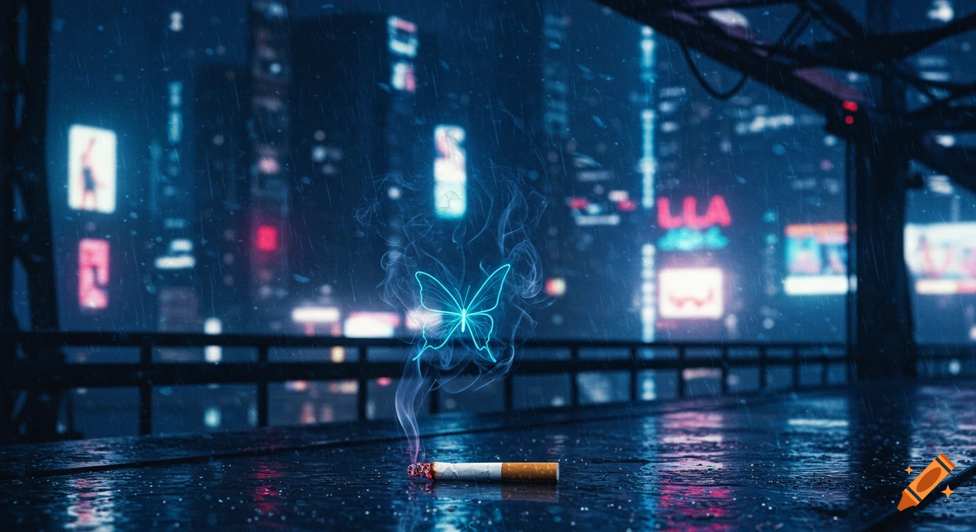 A cigarette on a wet surface under a rainy city skyline, with a glowing blue butterfly in the smoke.