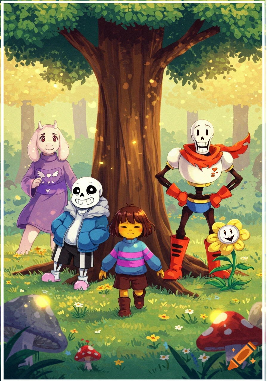 Undertale characters Toriel, Sans, Frisk, Papyrus, and Flowey in a forest clearing, digital illustration.