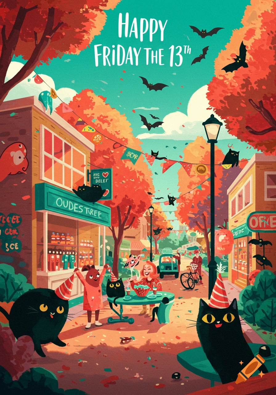 Cartoon illustration of a street celebrating Friday the 13th and Halloween with cats, bats, and autumn colors.