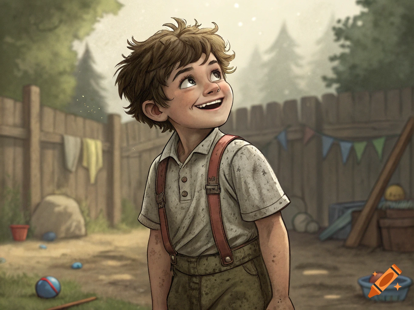 Illustration of a smiling boy in a backyard looking up.