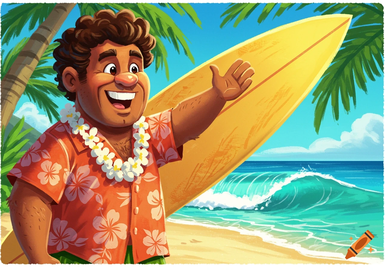 Cartoon illustration of a happy man in a Hawaiian shirt and lei standing on a beach with a surfboard and waving.