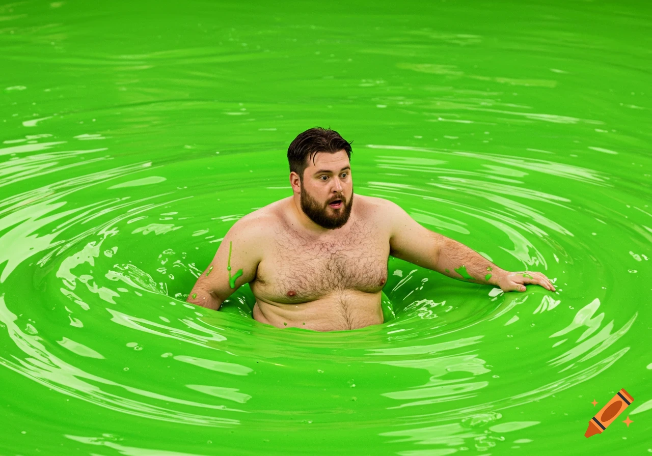 Shirtless man with a beard sinking into green slime